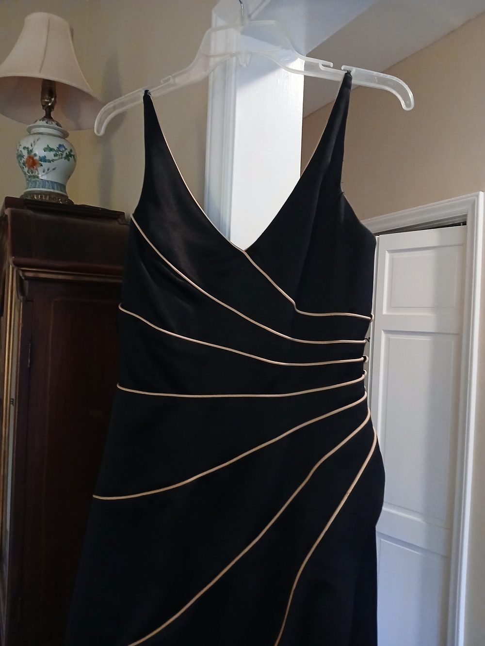 Black Maxi Dress with Piping — Sleeveless V-Neck Evening Gown